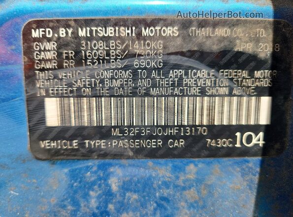 ML32F3FJ0JHF13170 2018 MITSUBISHI MIRAGE Blue Widok komory silnika