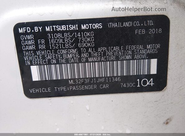 ML32F3FJ1JHF11346 2018 MITSUBISHI MIRAGE G4 White ძრავის განყოფილების ხედი