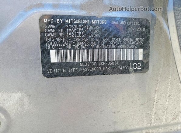 ML32F3FJ4KHF05834 2019 MITSUBISHI MIRAGE Серебряный Вид наклейки с VIN-кодом