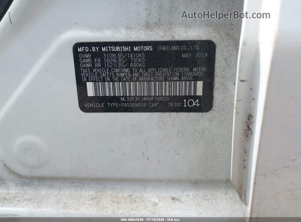 ML32F3FJ4KHF16820 2019 MITSUBISHI MIRAGE G4 White Շարժիչի բաժամունքի տեսք