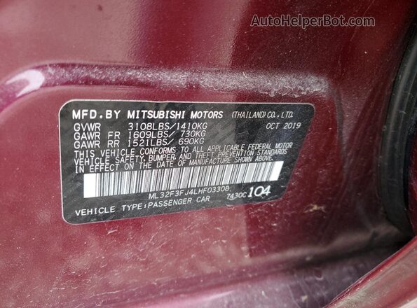 ML32F3FJ4LHF03308 2020 MITSUBISHI MIRAGE Purple VIN sticker view