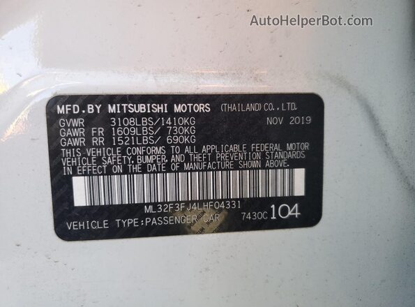 ML32F3FJ4LHF04331 2020 MITSUBISHI MIRAGE White ძრავის განყოფილების ხედი