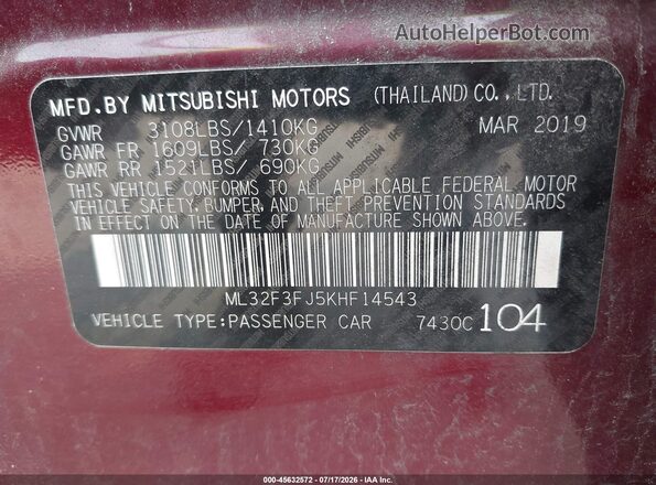 ML32F3FJ5KHF14543 2019 MITSUBISHI MIRAGE G4 Purple Engine compartment view