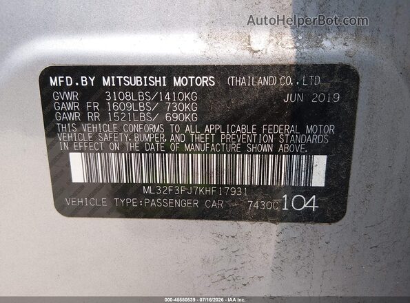 ML32F3FJ7KHF17931 2019 MITSUBISHI MIRAGE G4 Серебряный Вид подкапотного пространства