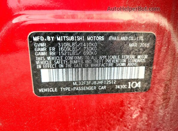 ML32F3FJ8JHF12512 2018 MITSUBISHI MIRAGE Red Vista de la etiqueta del VIN