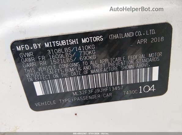 ML32F3FJ9JHF13457 2018 MITSUBISHI MIRAGE G4 White Вид підкапотного простору