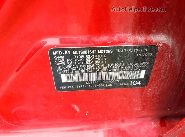 ML32F3FJXLHF06858 2020 MITSUBISHI MIRAGE Red Widok naklejki z numerem VIN