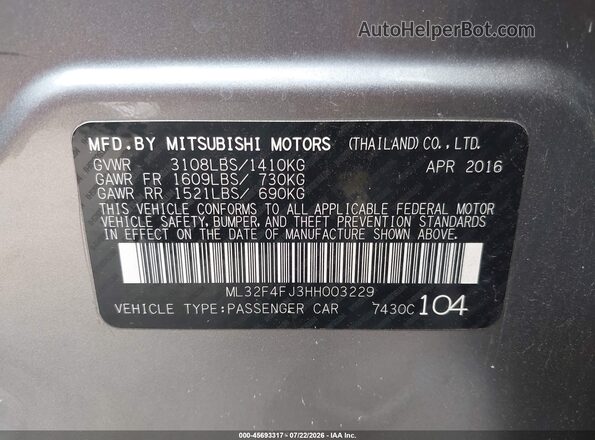 ML32F4FJ3HH003229 2017 MITSUBISHI MIRAGE G4 Gray Widok naklejki z numerem VIN