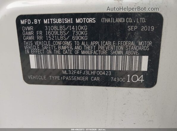 ML32F4FJ3LHF00423 2020 MITSUBISHI MIRAGE G4 White Շարժիչի բաժամունքի տեսք