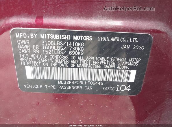 ML32F4FJ3LHF09445 2020 MITSUBISHI MIRAGE G4 Фиолетовый Вид подкапотного пространства
