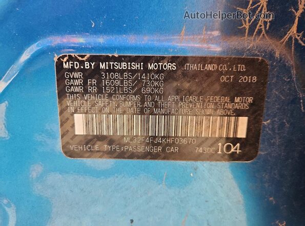 ML32F4FJ4KHF03670 2019 MITSUBISHI MIRAGE Blue Vista interior de 360 grados