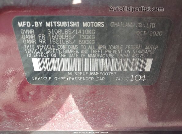 ML32FUFJ6MHF00787 2021 MITSUBISHI MIRAGE G4 Maroon ძრავის განყოფილების ხედი