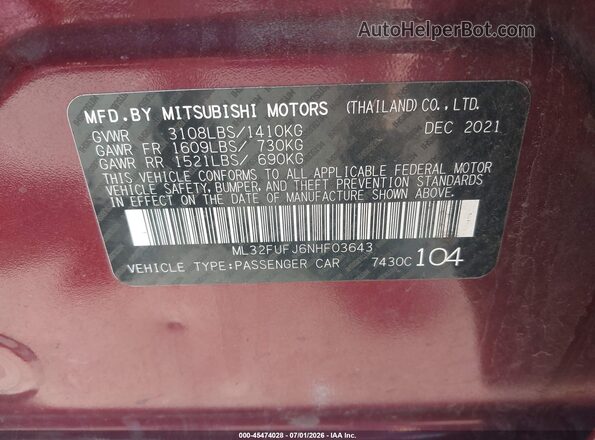 ML32FUFJ6NHF03643 2022 MITSUBISHI MIRAGE G4 Maroon Vista del compartimento del motor