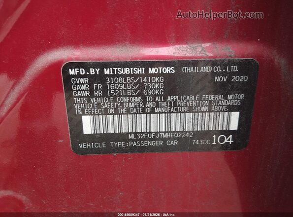 ML32FUFJ7MHF02242 2021 MITSUBISHI MIRAGE G4 Красный Вид подкапотного пространства