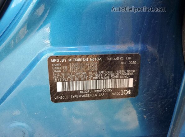 ML32FUFJ8MHF00595 2021 MITSUBISHI MIRAGE Blue VIN კოდის სტიკერის ხედი