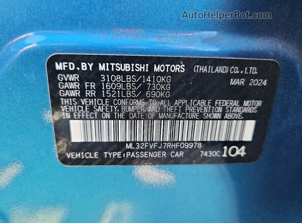 ML32FVFJ7RHF09978 2024 MITSUBISHI MIRAGE Blue Вид підкапотного простору