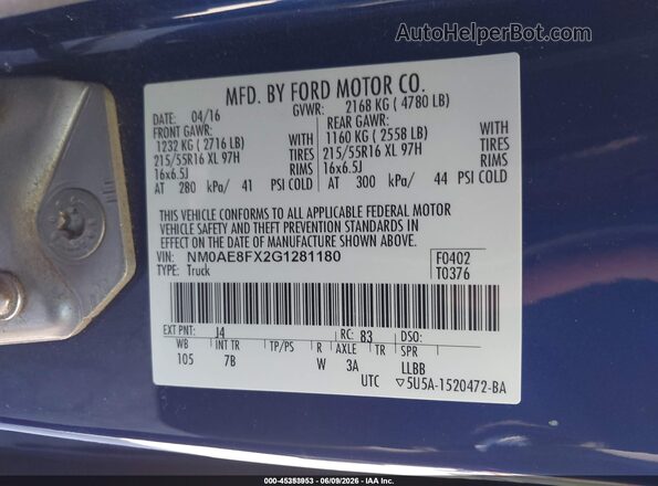 NM0AE8FX2G1281180 2016 FORD TRANSIT CONNECT Blue Շարժիչի բաժամունքի տեսք