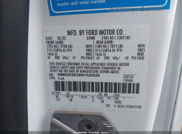 NM0GE9E28N1525028 2022 FORD TRANSIT CONNECT White ძრავის განყოფილების ხედი