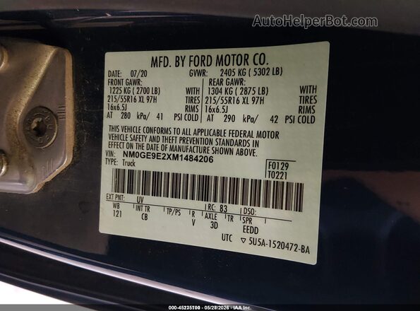 NM0GE9E2XM1484206 2021 FORD TRANSIT CONNECT Blue Vista del compartimento del motor