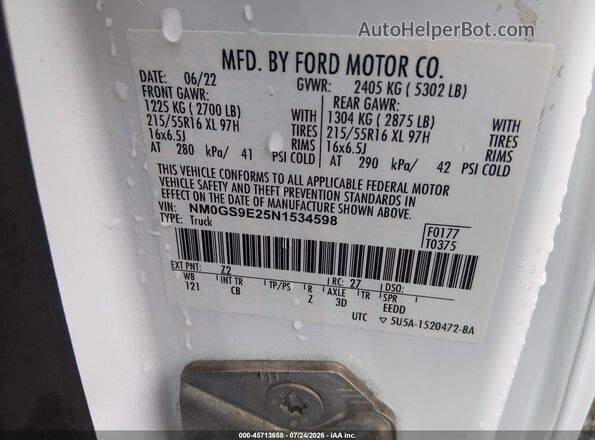 NM0GS9E25N1534598 2022 FORD TRANSIT CONNECT White Շարժիչի բաժամունքի տեսք