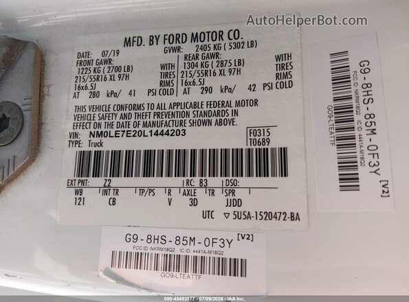 NM0LE7E20L1444203 2020 FORD TRANSIT CONNECT White Widok komory silnika