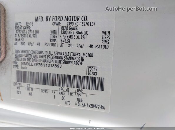 NM0LE7E76H1313893 2017 FORD TRANSIT CONNECT White Widok komory silnika