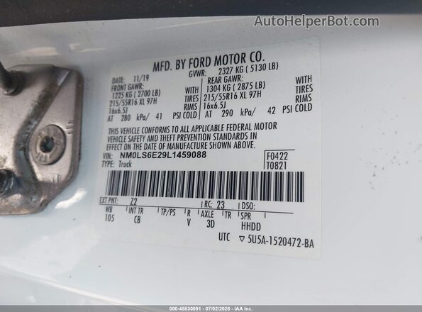 NM0LS6E29L1459088 2020 FORD TRANSIT CONNECT White Вид підкапотного простору