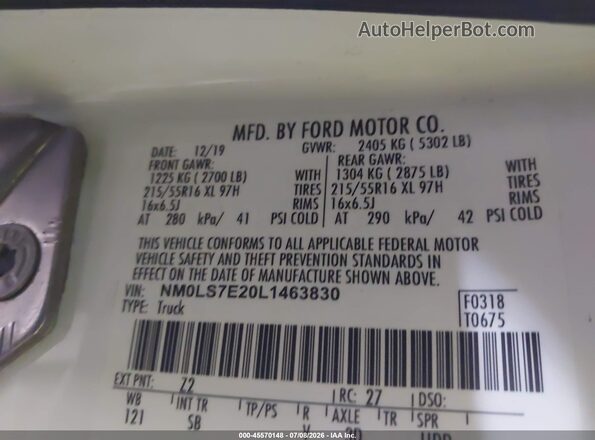 NM0LS7E20L1463830 2020 FORD TRANSIT CONNECT White Vista del compartimento del motor