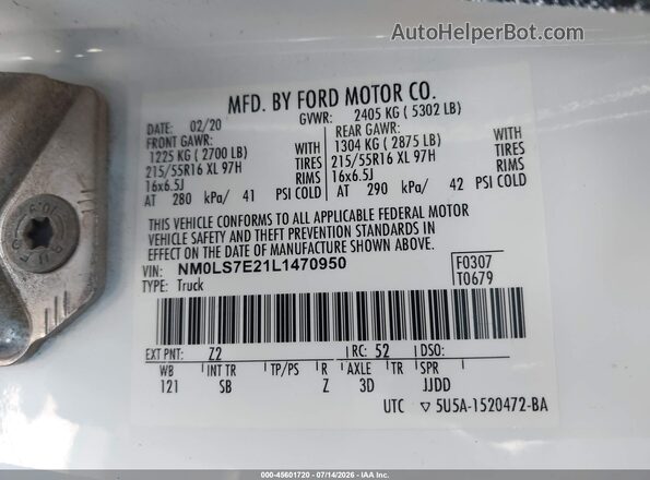 NM0LS7E21L1470950 2020 FORD TRANSIT CONNECT Белый Вид подкапотного пространства