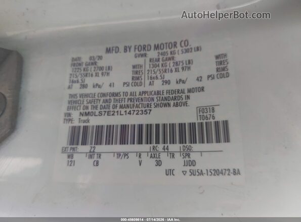 NM0LS7E21L1472357 2020 FORD TRANSIT CONNECT White Engine compartment view