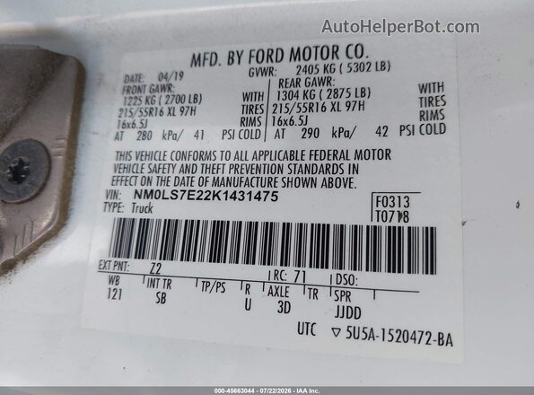 NM0LS7E22K1431475 2019 FORD TRANSIT CONNECT White Widok komory silnika