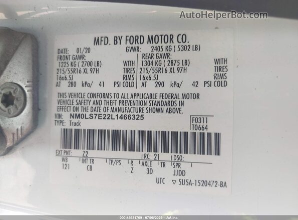 NM0LS7E22L1466325 2020 FORD TRANSIT CONNECT White Widok komory silnika