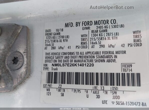 NM0LS7E26K1401220 2019 FORD TRANSIT CONNECT White Շարժիչի բաժամունքի տեսք