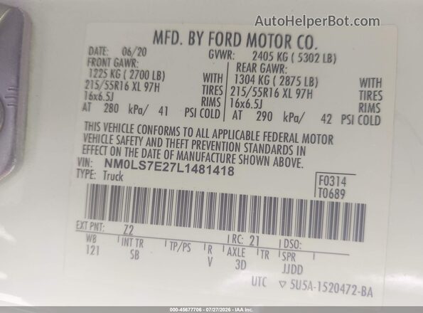 NM0LS7E27L1481418 2020 FORD TRANSIT CONNECT White Вид підкапотного простору