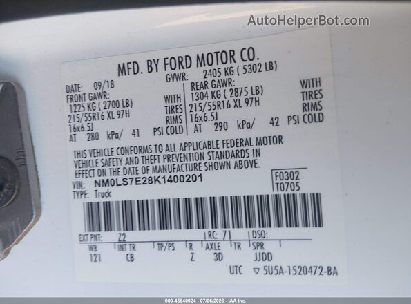 NM0LS7E28K1400201 2019 FORD TRANSIT CONNECT White Շարժիչի բաժամունքի տեսք
