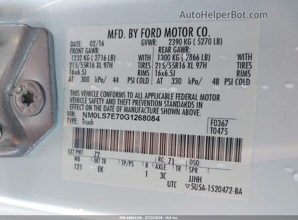 NM0LS7E70G1268084 2016 FORD TRANSIT CONNECT White Շարժիչի բաժամունքի տեսք