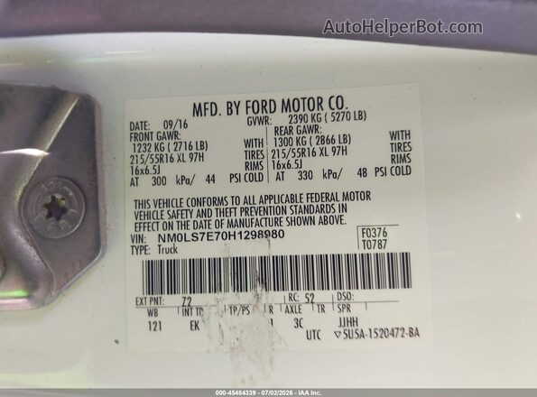 NM0LS7E70H1298980 2017 FORD TRANSIT CONNECT White Widok komory silnika