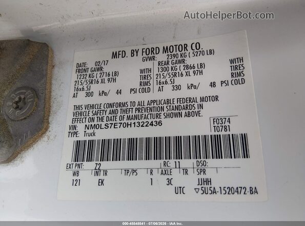 NM0LS7E70H1322436 2017 FORD TRANSIT CONNECT White Widok komory silnika
