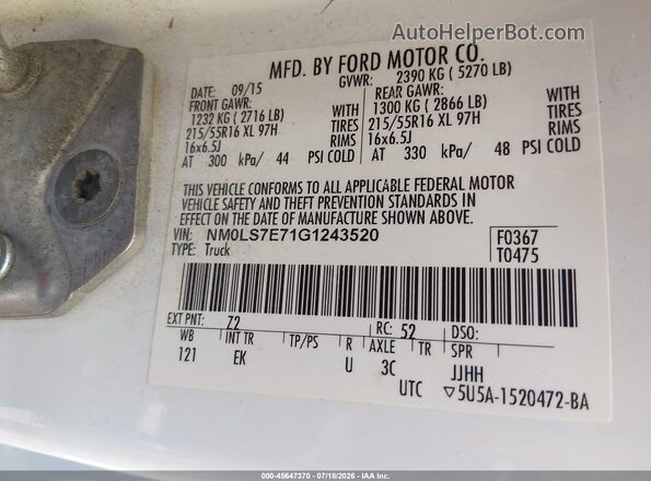 NM0LS7E71G1243520 2016 FORD TRANSIT CONNECT White Vista del compartimento del motor