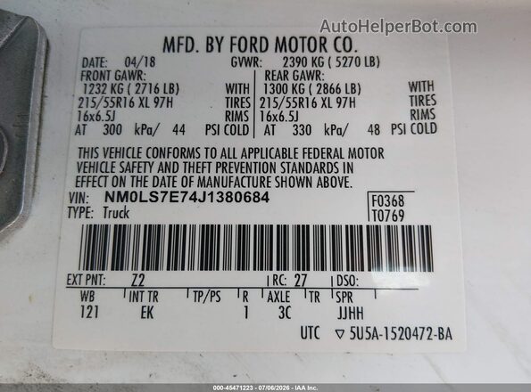 NM0LS7E74J1380684 2018 FORD TRANSIT CONNECT White Vista del compartimento del motor