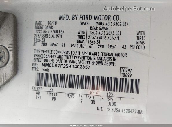 NM0LS7F25K1402857 2019 FORD TRANSIT CONNECT White Вид підкапотного простору
