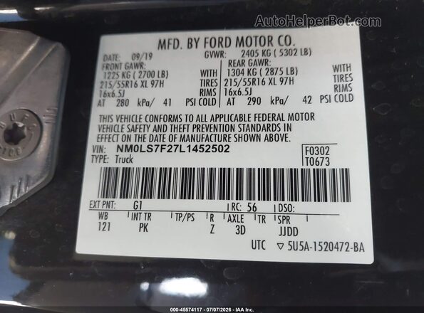 NM0LS7F27L1452502 2020 FORD TRANSIT CONNECT Black ძრავის განყოფილების ხედი
