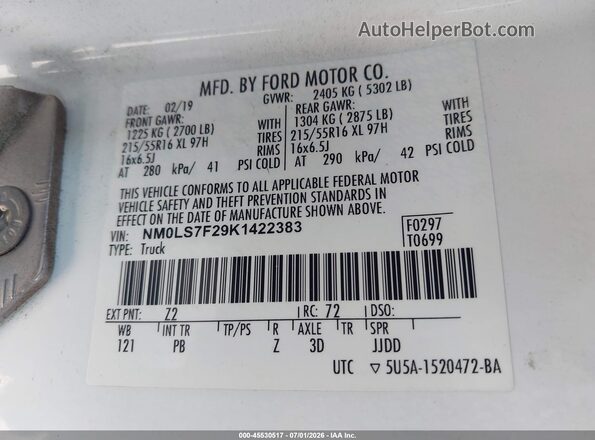 NM0LS7F29K1422383 2019 FORD TRANSIT CONNECT White Engine compartment view