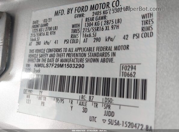 NM0LS7F29M1503290 2021 FORD TRANSIT CONNECT Silver Շարժիչի բաժամունքի տեսք