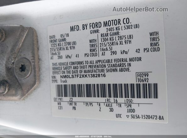 NM0LS7F2XK1382816 2019 FORD TRANSIT CONNECT White Շարժիչի բաժամունքի տեսք