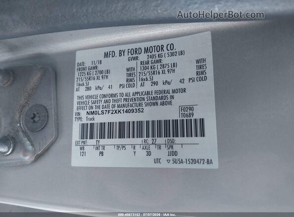 NM0LS7F2XK1409352 2019 FORD TRANSIT CONNECT Silver Вид підкапотного простору