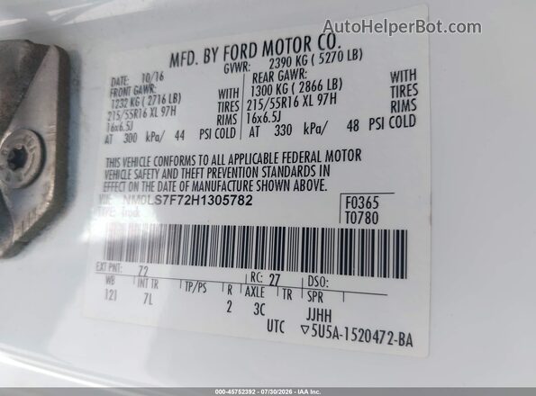 NM0LS7F72H1305782 2017 FORD TRANSIT CONNECT White Widok komory silnika