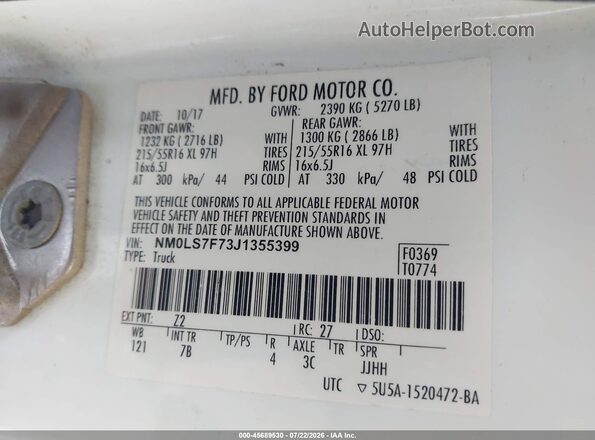 NM0LS7F73J1355399 2018 FORD TRANSIT CONNECT Белый Вид подкапотного пространства