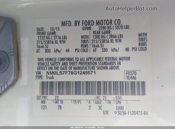 NM0LS7F76G1249571 2016 FORD TRANSIT CONNECT White Vista del compartimento del motor