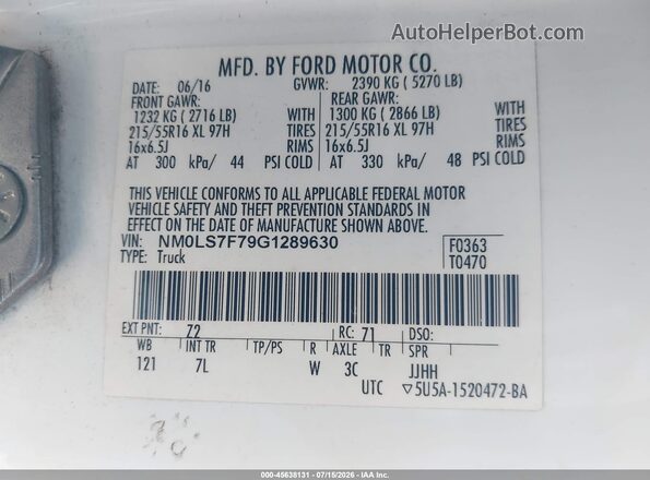 NM0LS7F79G1289630 2016 FORD TRANSIT CONNECT White Vista del compartimento del motor